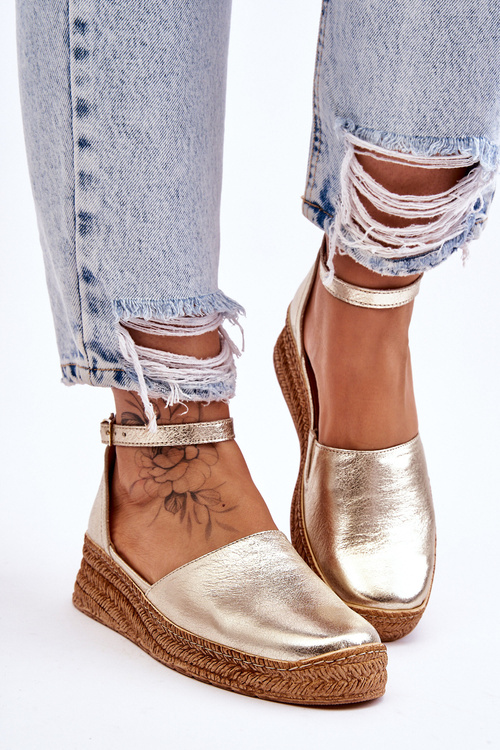 Damskie Skórzane Espadryle Sandały Złote Moise