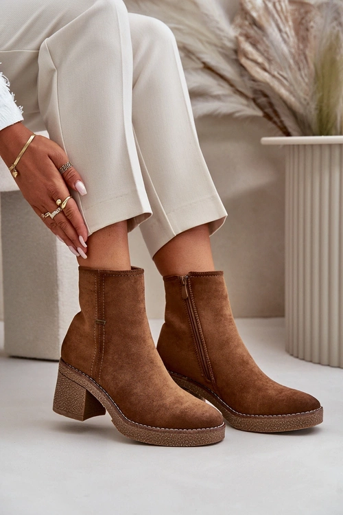 Botki Damskie Na Słupku Ocieplane Eko Zamszowe Khaki Arkesia