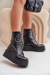Skórzane Botki Workery Na Platformie I Koturnie Maciejka 06676-01 Czarne