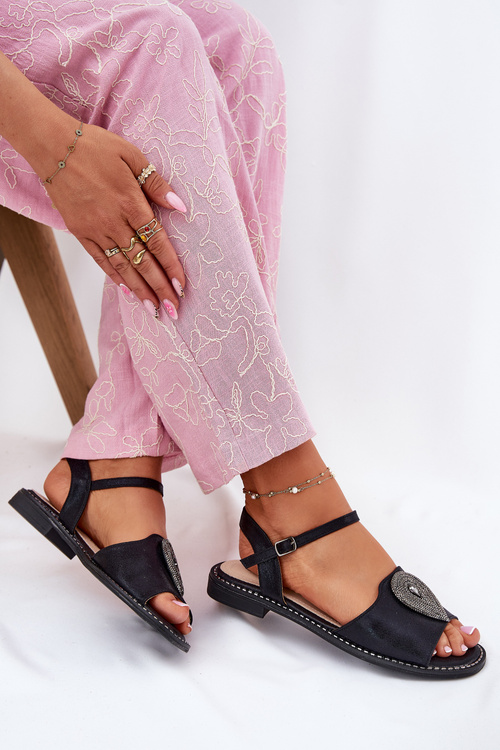 Damskie Sandały Na Płaskim Obcasie Z Ozdobą S.Barski KV51-098 Czarne