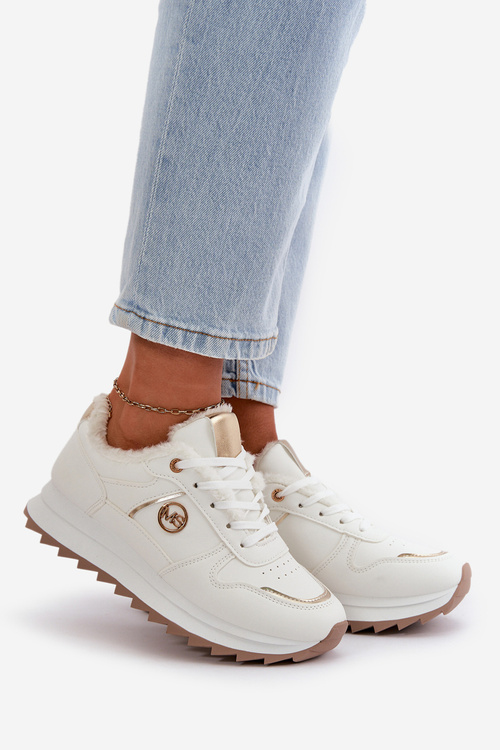 Buty Sportowe Damskie Ocieplane Futerkiem Na Platformie Białe Lerisas