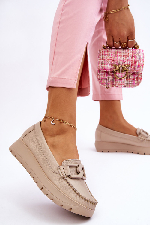 Zazoo 10141 Skórzane Mokasyny Na Platformie Z Ozdobą Beżowe