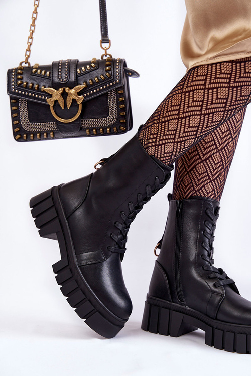 Skórzane Ocieplane Botki Na Platformie Czarne Telisa