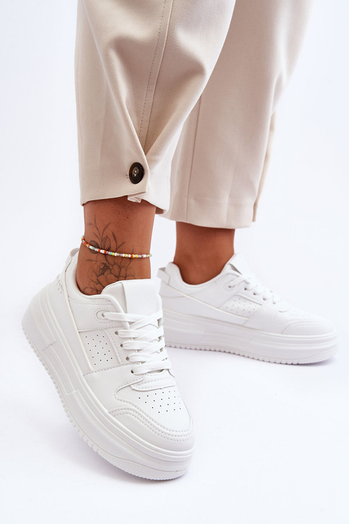 Damskie Skórzane Buty Sportowe Na Masywnej Platformie Białe Belisso