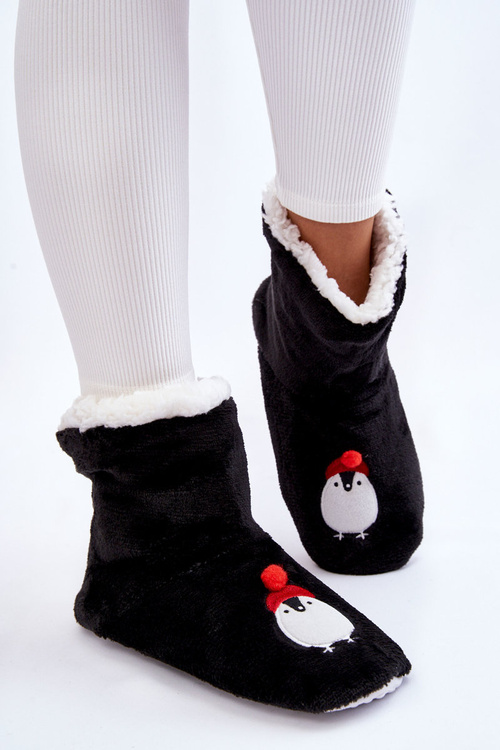 Damskie Wsuwane Ocieplane Papcie Z Pingwinami Czarne