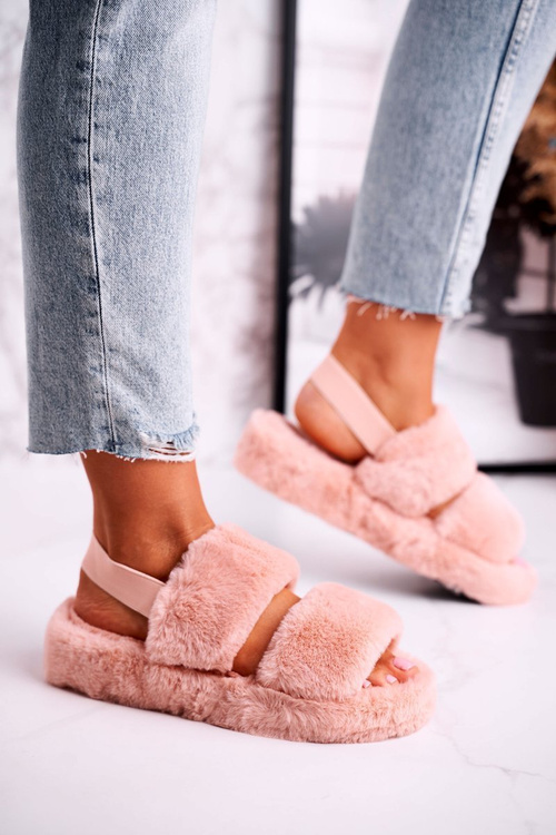 Papcie Damskie na Platformie Futrzane Pomarańczowe Cotton Candy 
