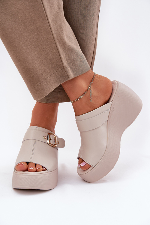 Skórzane Klapki Damskie Na Platformie I Koturnie Z Klamrą S.Barski LR51-542 Beżowe