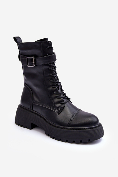 Skórzane Botki Workery Na Płaskim Obcasie Z Klamrą Czarne Samivlo