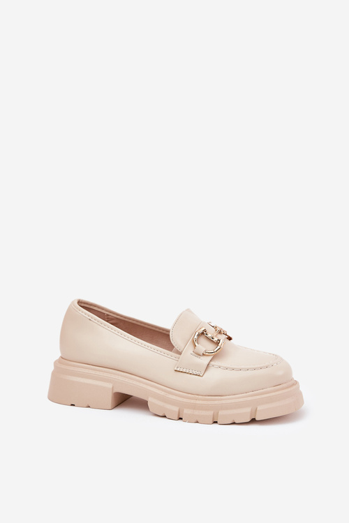 Mokasyny Damskie Eko Skórzane Ze Złotym Detalem Beżowe Ravalissea