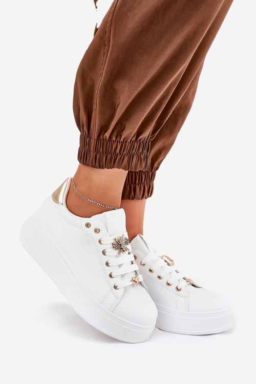 Sneakersy Damskie Na Platformie Z Przypinkami Białe Ilanina