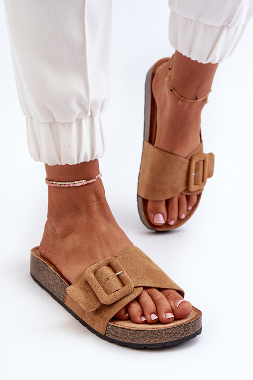 Klapki Damskie Z Klamrą Eko Zamszowe Camel Laeltia