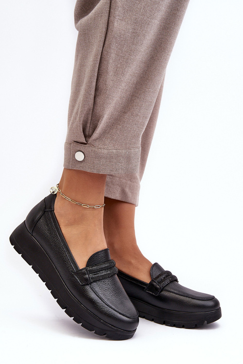 Skórzane Półbuty Na Platformie Z Ozdobą Czarne Lemar Lehira