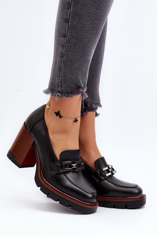 Czółenka Na Masywnym Słupku Z Ozdobą Czarne Oradna