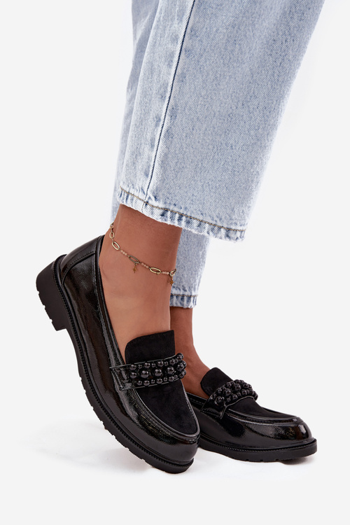 Mokasyny Damskie Lakierowane Z Koralikami S.Barski HY52-541 Czarne