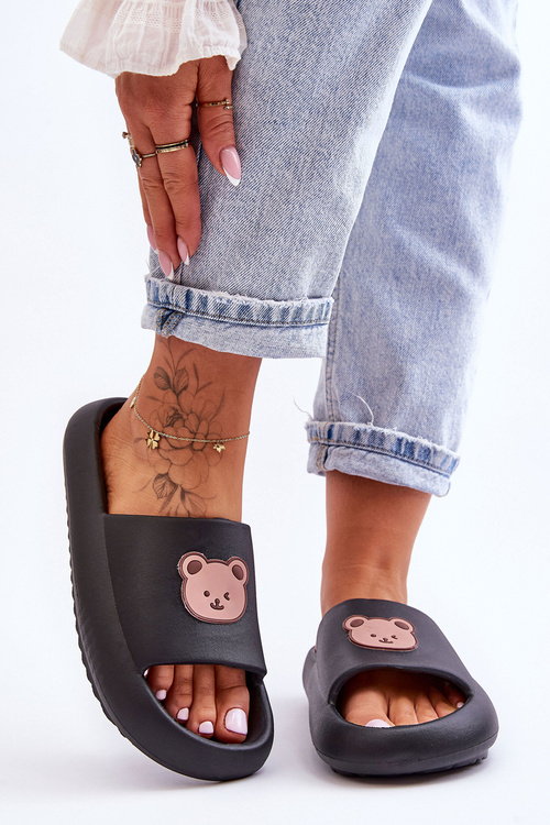 Lekkie Damskie Piankowe Klapki Z Misiem Czarne Lia