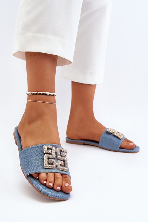 Klapki Damskie Jeansowe Na Płaskim Obcasie Z Ozdobą Niebieskie Inaile