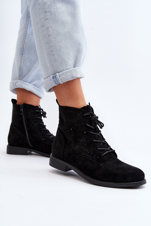 S.Barski HY66-136 Damskie Botki Ze Wzorem Czarne