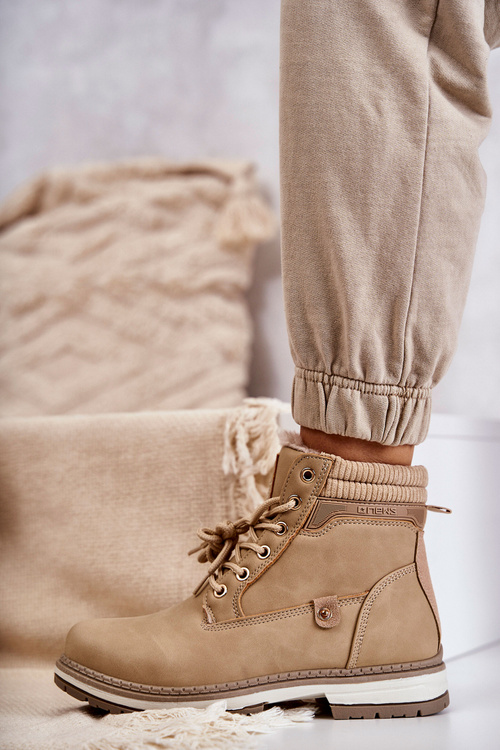 Damskie Ocieplane Botki Trapery Ciemny Beż Liv