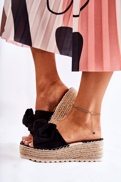 Damskie Klapki Na Koturnie Z Kokardą Czarne Tayla