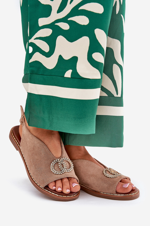 Sandały Damskie Z Ozdobą Na Płaskim Obcasie Eko Zamszowe Ciemnobeżowe Ralisses