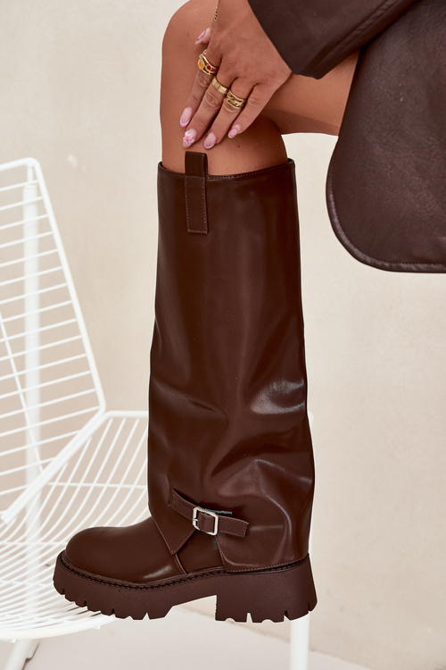 Ocieplane Kozaki Z Wywiniętą Cholewką I Klamrą Czekoladowe Fiorae