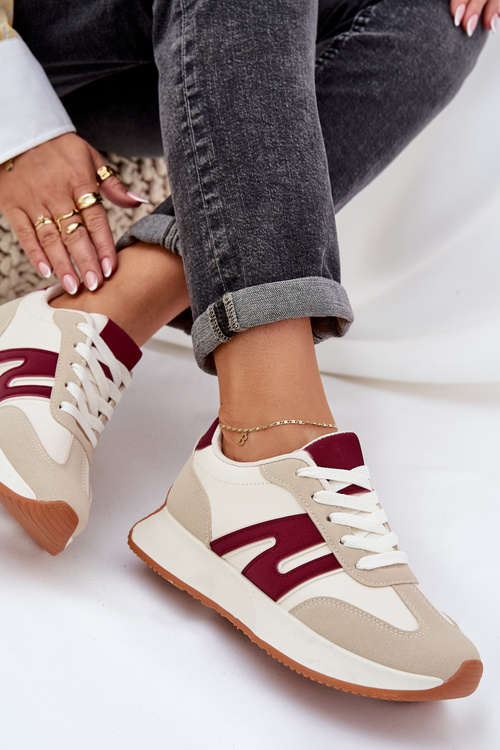 Buty Sportowe Damskie Na Platformie Beżowo-Bordowe Emidi