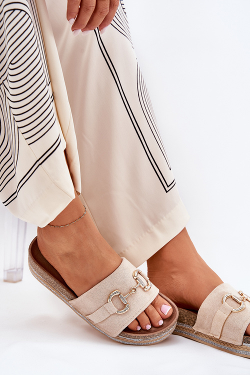 Klapki Damskie Na Platformie Ze Złotą Ozdobą I Brokatem Beżowe Morisela