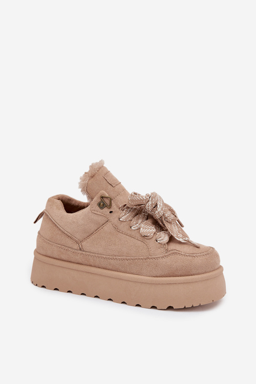 Sznurowane Śniegowce Damskie Na Platformie Ocieplane Futerkiem Beżowe Tavelle