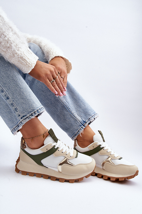 Sneakersy Buty Sportowe Damskie Beżowo-Zielone Ralita