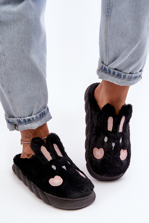 Damskie Futrzane Kapcie Z Króliczkiem Czarne Naveritte