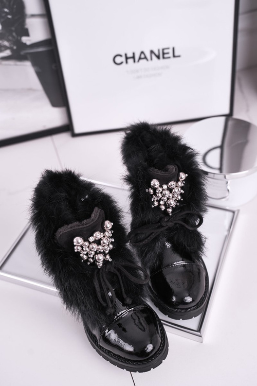 Dziecięce Ocieplane Botki Z Futerkiem Lakierowane Czarne Ella