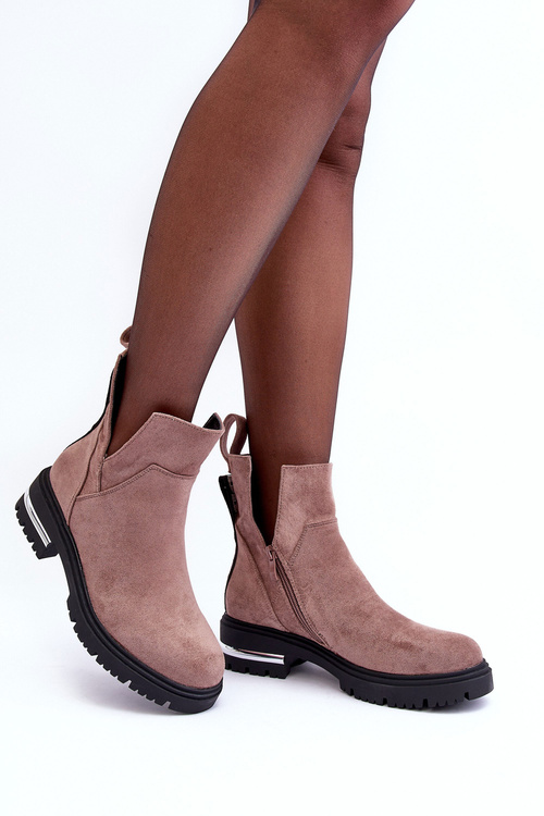 Zamszowe Botki Na Płaskim Obcasie Z Wycięciami Ciemnobeżowe Lamedella
