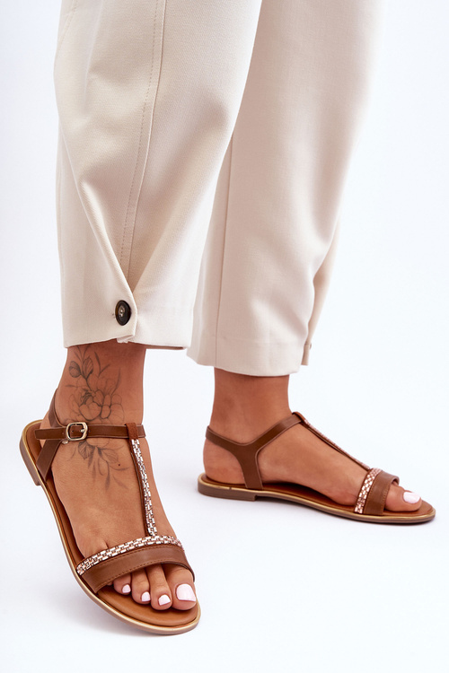 Sandały Damskie Z Cyrkoniami Brązowe Penna