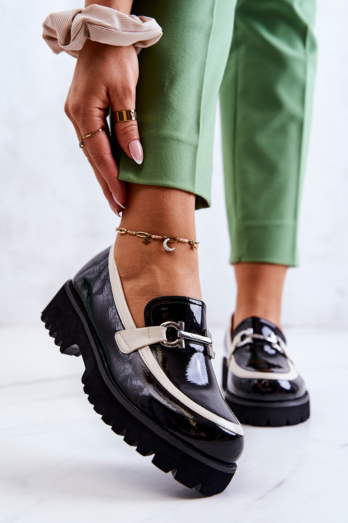 Lakierowane Damskie Półbuty Loafery Czarno-Białe Cassida