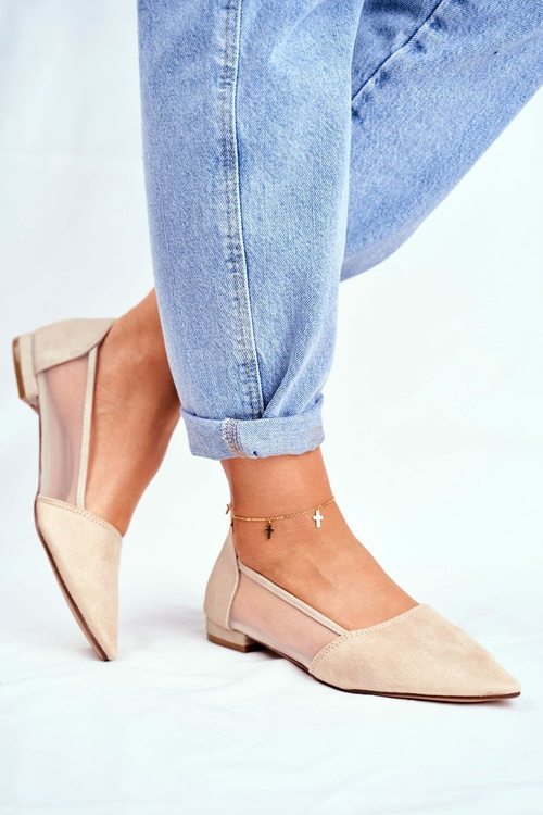 Baleriny Damskie Z Siateczką Zamsz Beżowe Fibe