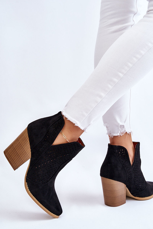 Botki Damskie Na Słupku Zamszowe Ażurowe Czarne Shades