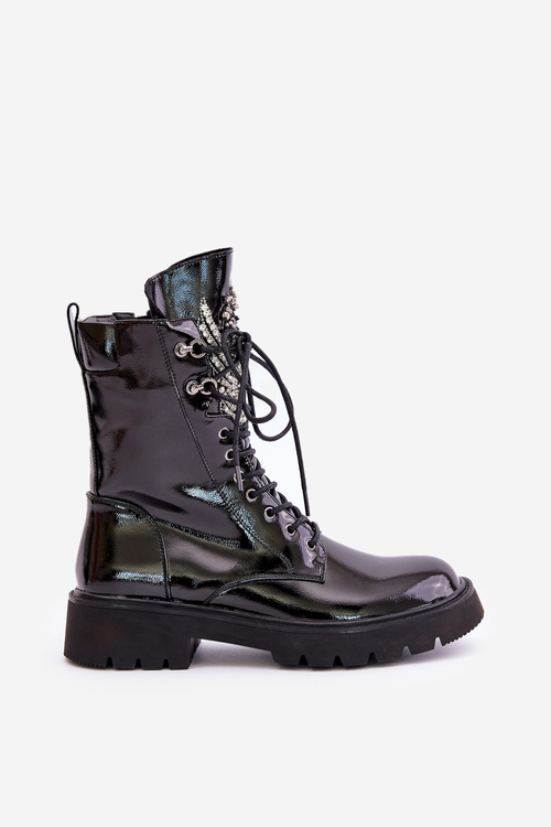 Lakierowane Botki Workery Ze Zdobieniem Ocieplane D&A MR880-080 Czarne