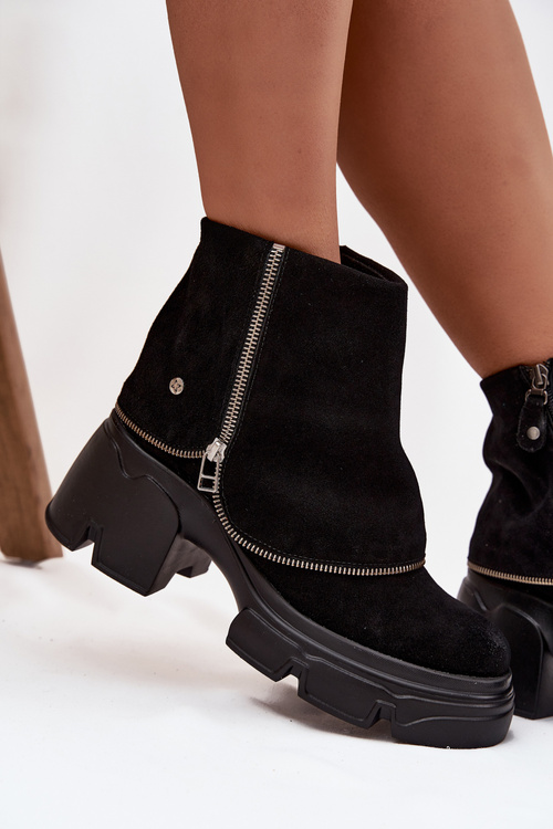 Skórzane Botki Damskie Z Wywiniętą Cholewką Maciejka 07145-01 Czarne