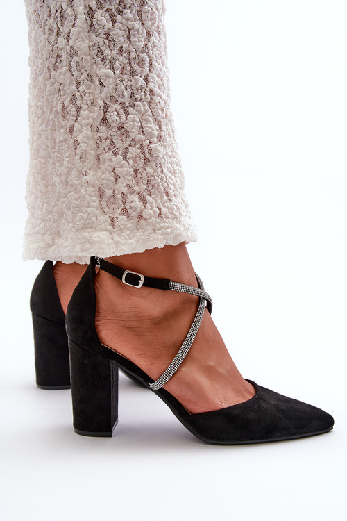 Eko Zamszowe Czółenka Na Słupku Z Cyrkoniami Czarne Lagra