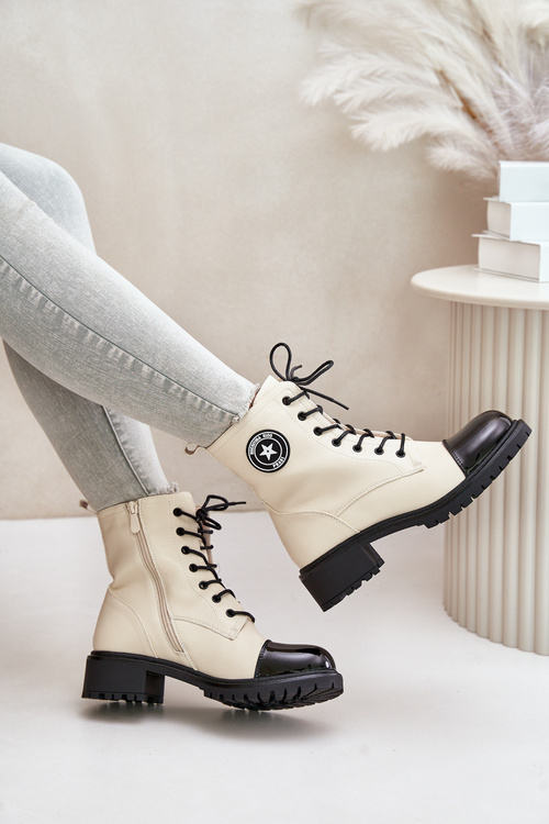 Botki Workery Na Zamek Ocieplane Beżowo-Czarne Soratta