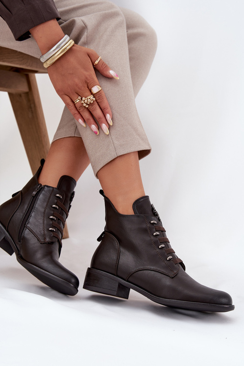 Niskie Botki Ocieplane Na Zamek Z Ozdobą Brązowe Nevalia