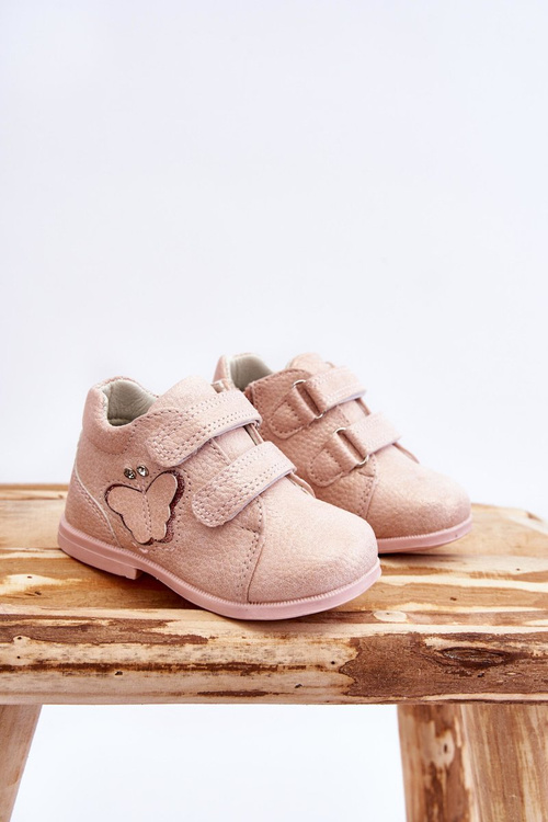 Skórzane Botki Na Rzepy Z Motylkiem Różowe Avi