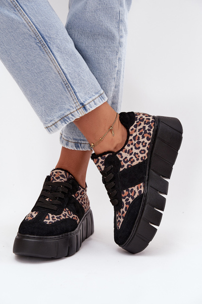Zamszowe Ocieplane Sneakersy Damskie Na Masywnej Platformie Vinceza 66841 Panterka Czarne