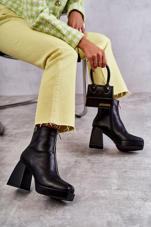 Damskie Botki Na Masywnym Obcasie Z Suwakiem Czarne Carrera