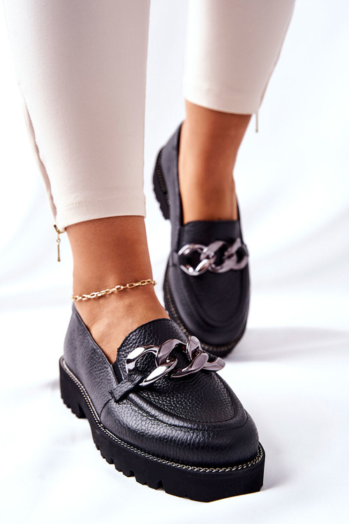 Damskie Półbuty Skórzane Loafery Czarne Sthonto