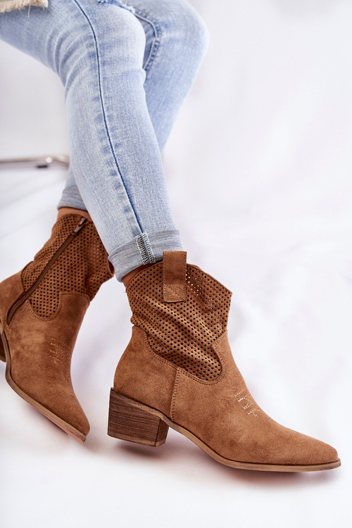 Zamszowe Ażurowe Botki Kowbojki Z Przeszyciem Camel Elvire