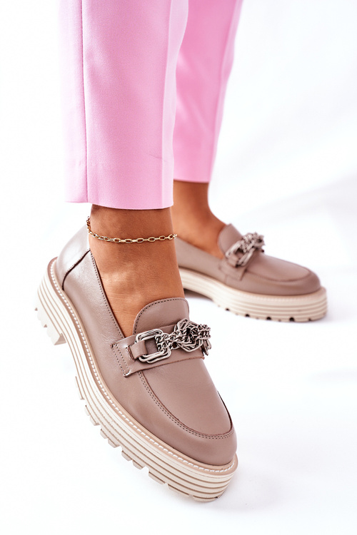 Damskie Półbuty Loafery Skórzane Ciemny Beż Laura Messi 2383