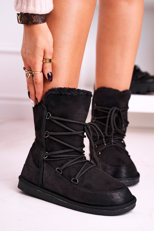 Damskie Botki Śniegowce Ocieplane Futerkiem Czarne Ilana