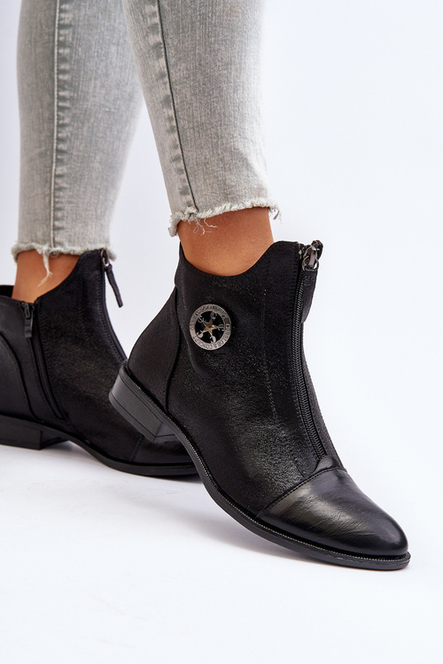 Damskie Botki Na Płaskim Obcasie Z Zamkiem Czarne Loratie