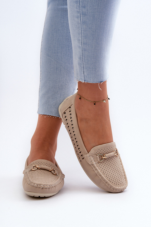 Mokasyny Damskie Ażurowe Z Ozdobą Beżowe Kaydance